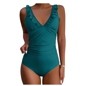 CUPSHE Teal Ruffle V‎ Neck Back Lace Up One Piece Swimsuit Women's XXL